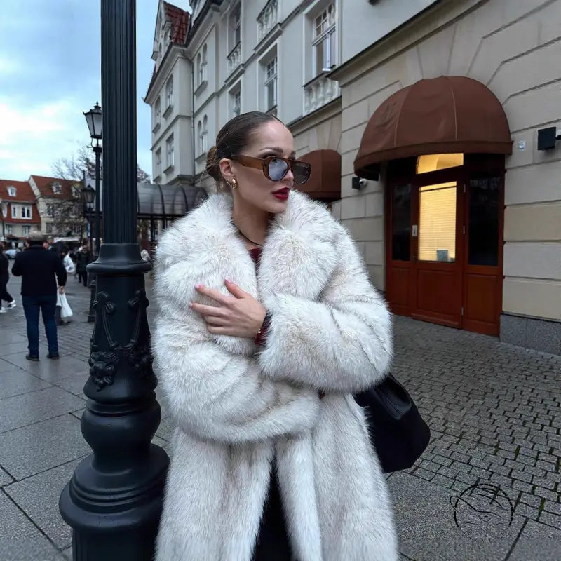 Warm winter faux fur coat with high collar and long sleeves