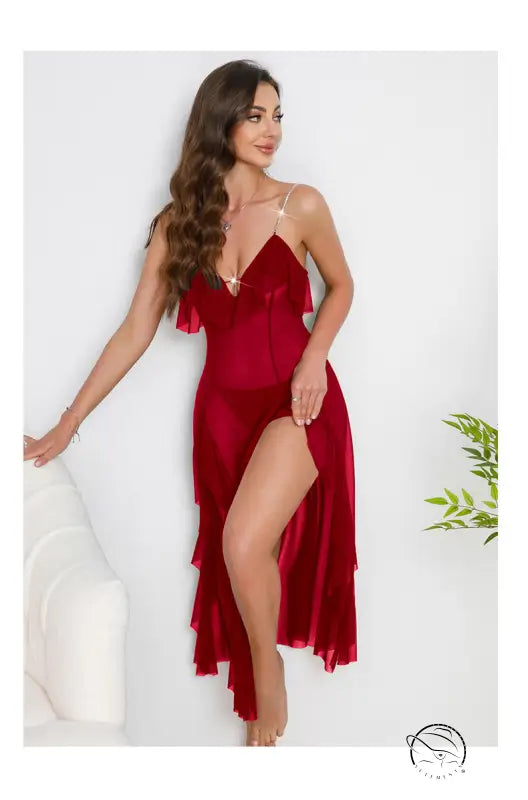 High Slit Multi Color Pearl Decoration Nightdress