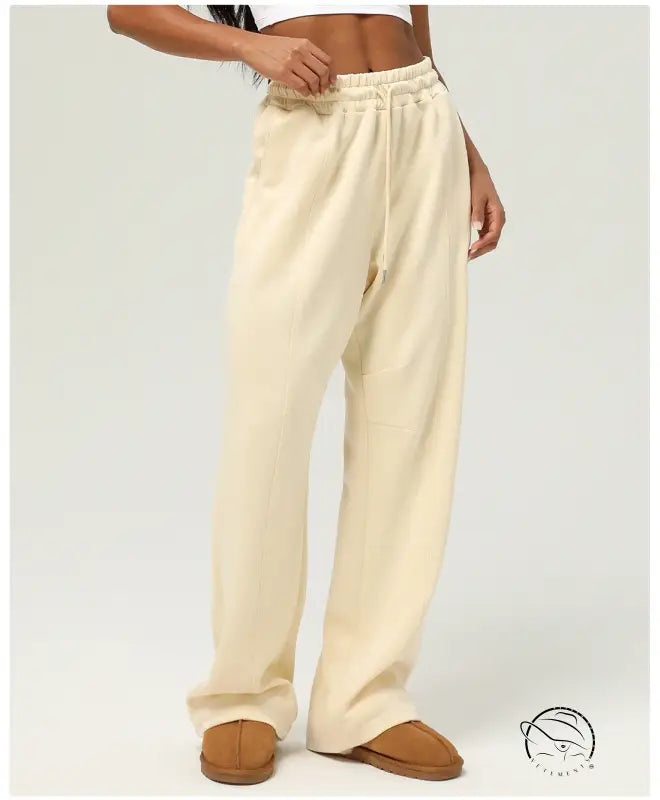 Cream-colored casual fitness yoga pants with elastic waistband