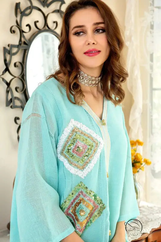 Light blue embroidered langry kaftan with floral patchwork and beads