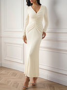 Long-sleeved cream ruched dress from Beautiful Knitted Dress for chic fashion ملابس