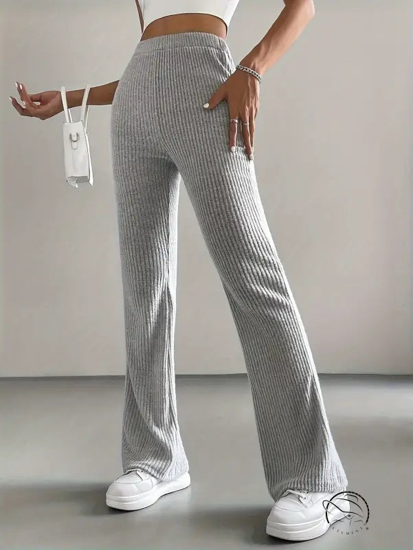 Light gray ribbed flare-leg casual knitted match pants