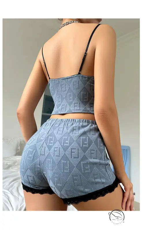 Light blue Fendi logo loungewear set with black lace trim, comfy fashion pajamas