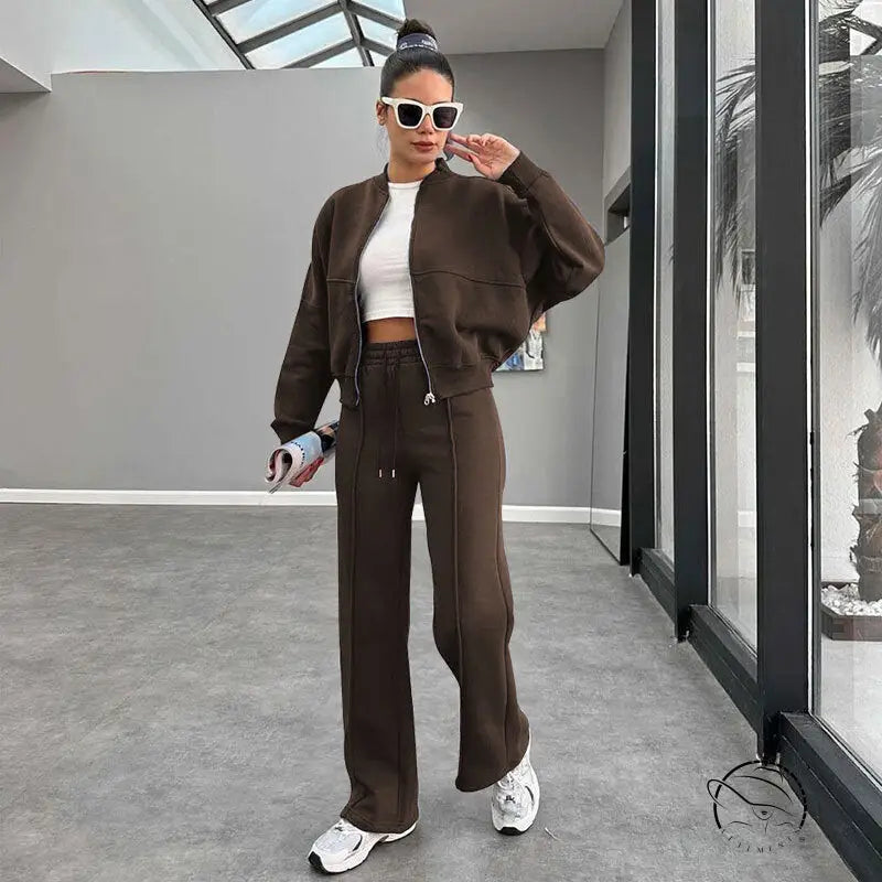 Winter Fur Zipper Cardigan Casual Straight Pants Two Piece Sets