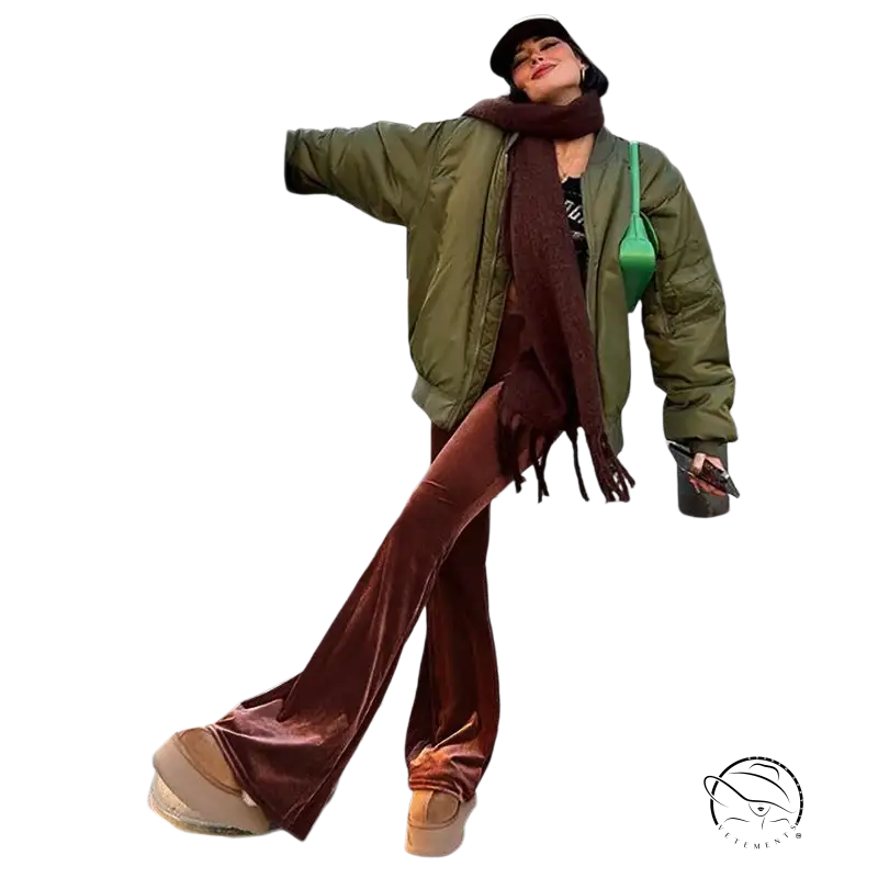 Olive green puffer jacket with hood in high waist slimming bootcut