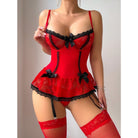 Valentine day shoulder hollow out red lace lingerie with black bows and fishnet stockings