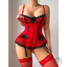 Valentine day red lace lingerie with black bows, fishnet stockings, fashion