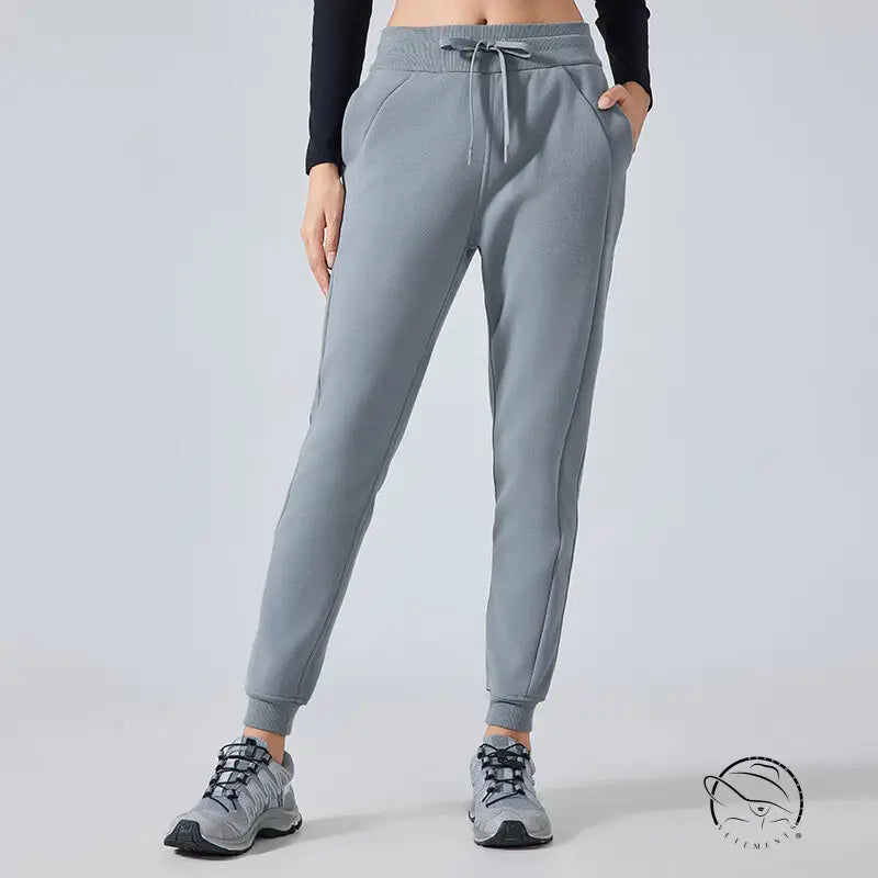 Gray casual loose tapered sports pants with drawstring and pockets