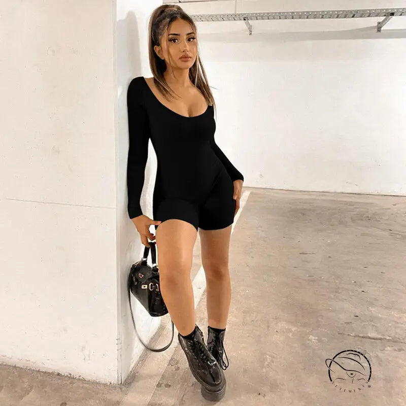 Women Clothing Winter Solid Color Rib u Neck Long Sleeved Slim Fit Hip Raise Sports Jumpsuit