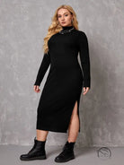 Elegant black turtleneck winter mid length dress