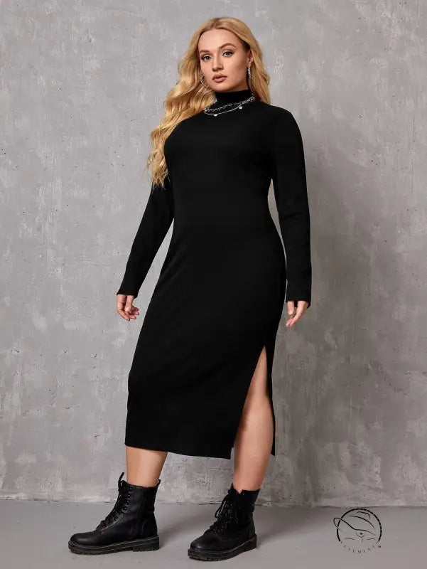 Elegant black turtleneck winter mid length dress