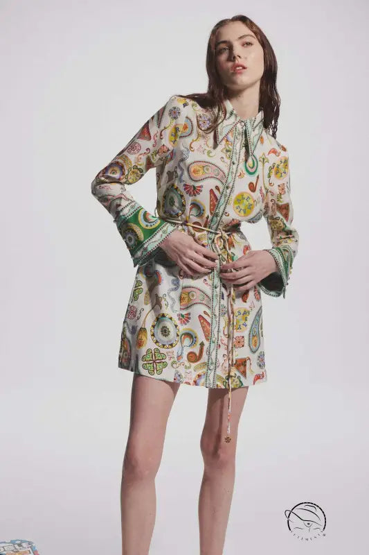 Elegant Socialite Collared Tied Waist Positioning Printing Linen Vacation Long Sleeve Dress Women