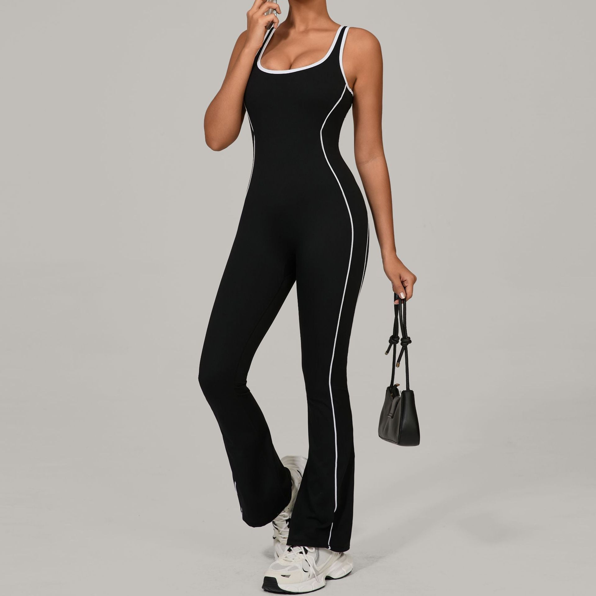 Black and white striped Beauty Back Yoga Jumpsuit in langry fashion ملابس