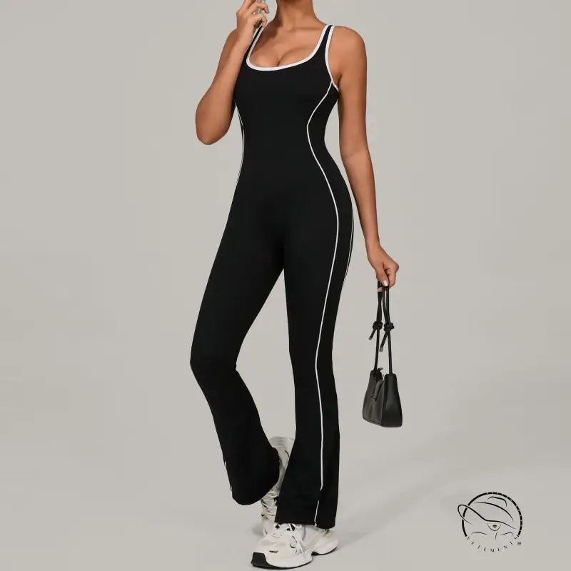 Black and white striped Beauty Back Yoga Jumpsuit in stretchy langry fashion