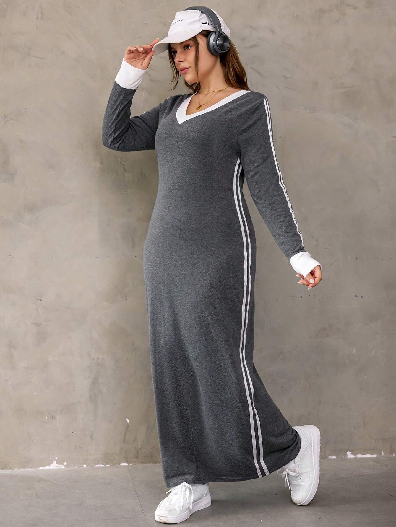 Gray maxi dress with white stripes, perfect for winter fashion and layering styles