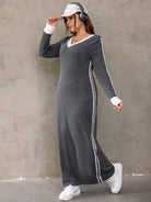 Gray maxi dress with white stripes, perfect for winter fashion and layering styles