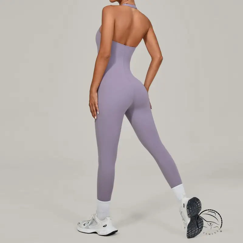 Sleek lavender langry fashion halter yoga jumpsuit for outdoor workouts