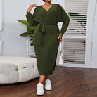 Elegant olive-green ribbed midi dress with V-neck and tie waist