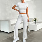 Light gray heathered langry fashion two-piece loungewear set with cropped top and wide-leg pants