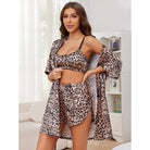 Women’s silk ice leopard print summer home wear pajama set with cami, shorts, and robe