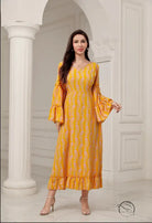 Elegant casual bell sleeve dress in vibrant yellow paisley fashion
