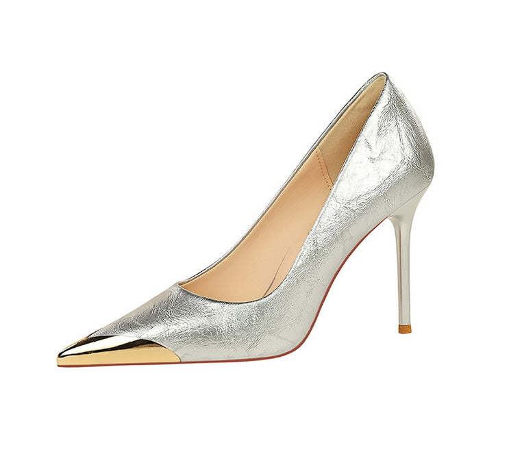 Langry fashion silver metallic high heel pump with gold toe cap