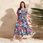 Colorful rose holiday V-neck chiffon midi dress