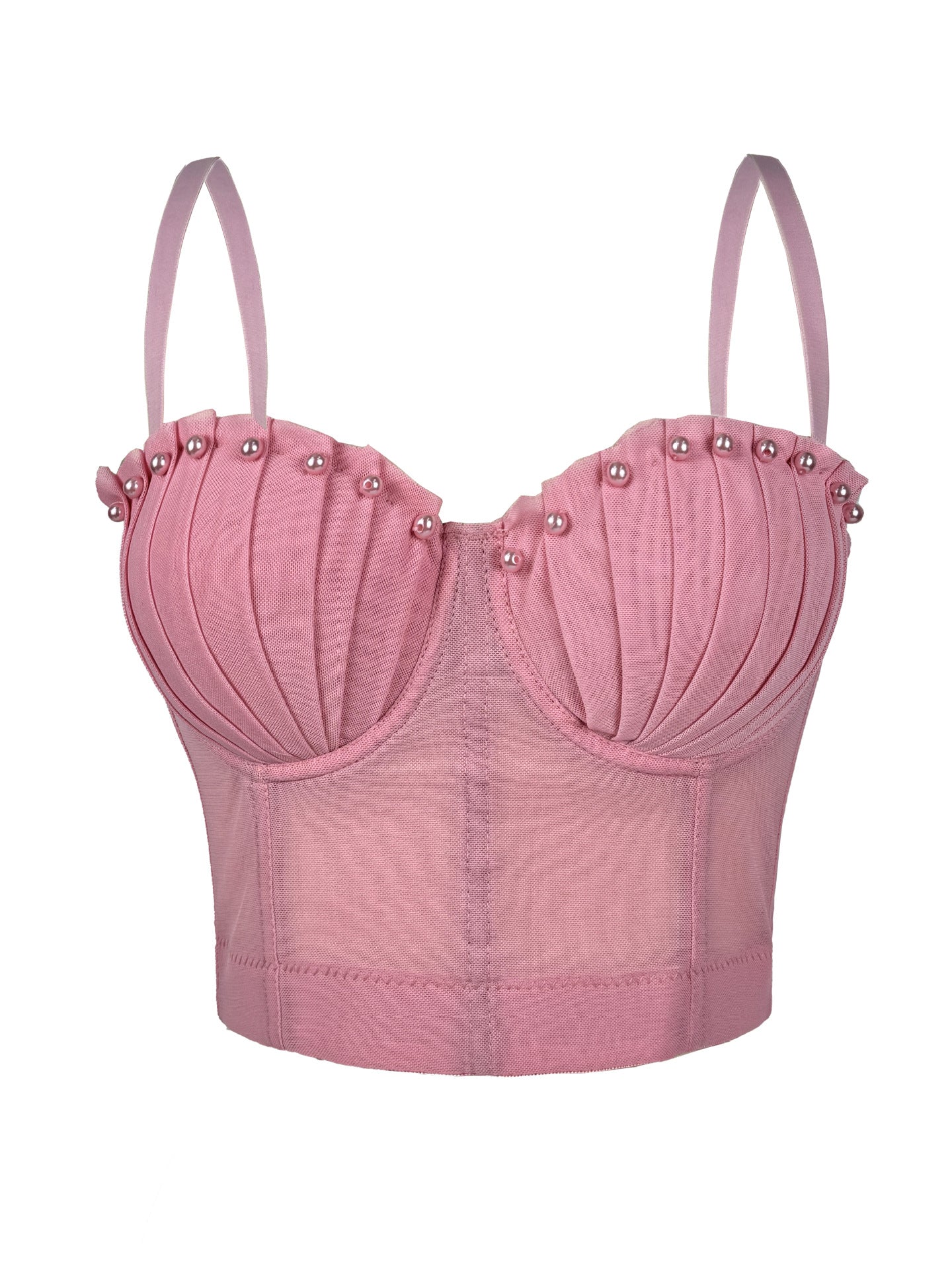 Pink Langry lace underwire bra with pearl embellishments in fashion corset