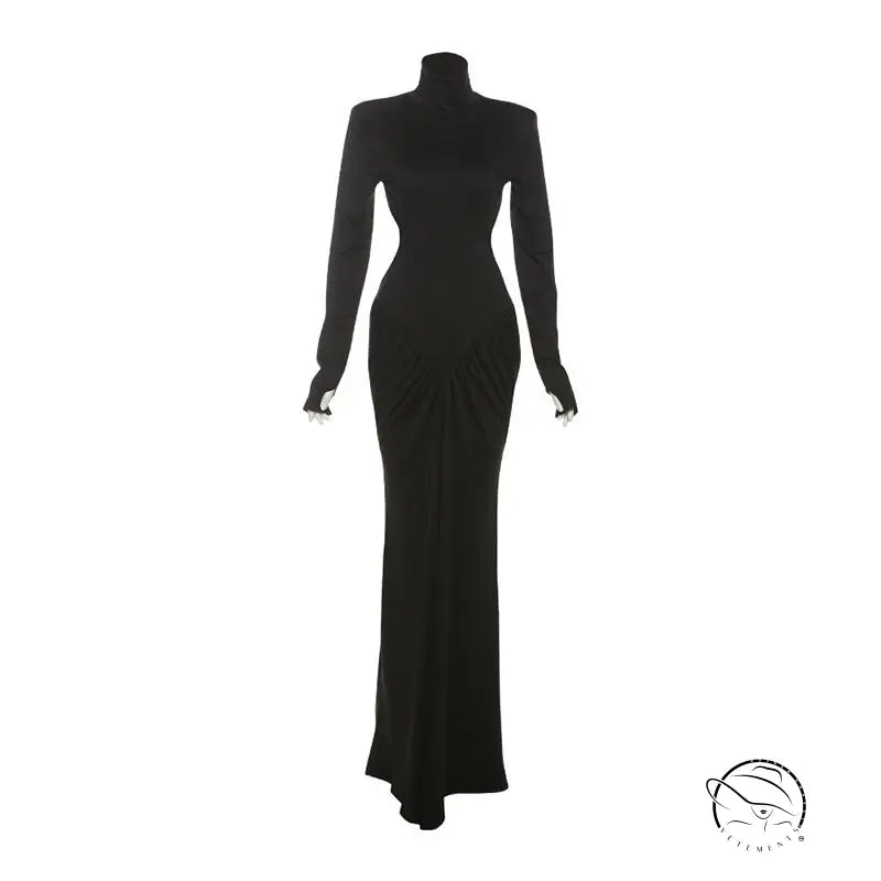 Beautiful high collar maxi dress with black long sleeves and fitted silhouette