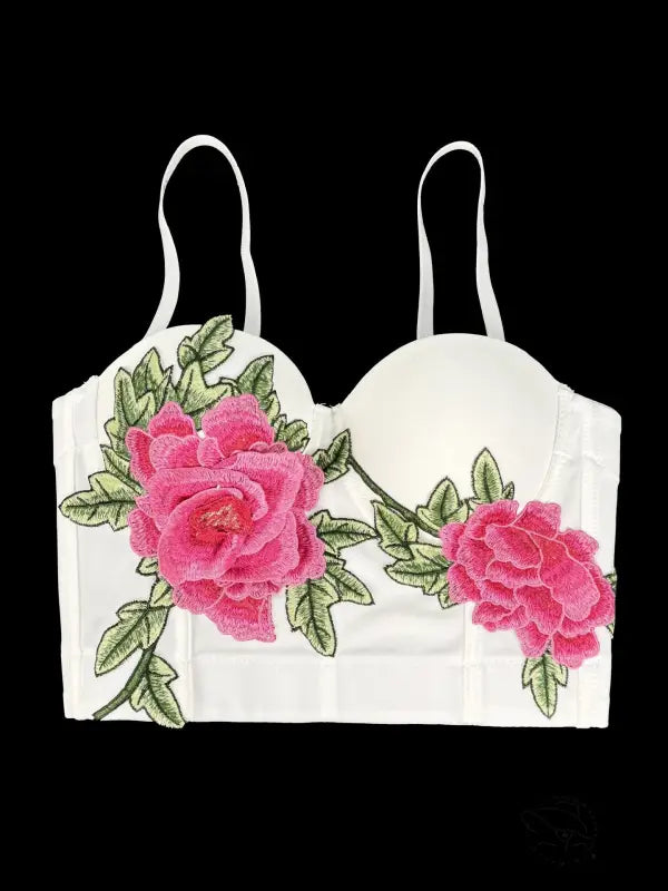 White floral embroidered crop top with pink roses and green leaves in Langry fashion