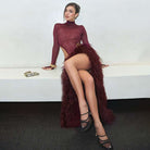 Langry fashion burgundy feathered mesh turtleneck jumpsuit with high slit