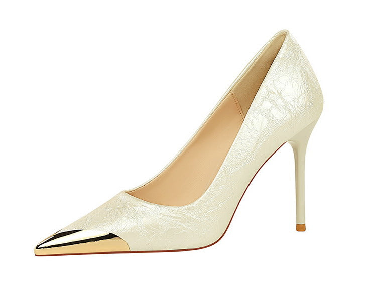 Langry fashion cream patent leather high heel pump with metallic toe cap