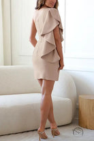 Beige one-shoulder ruffle dress cocktail evening gown