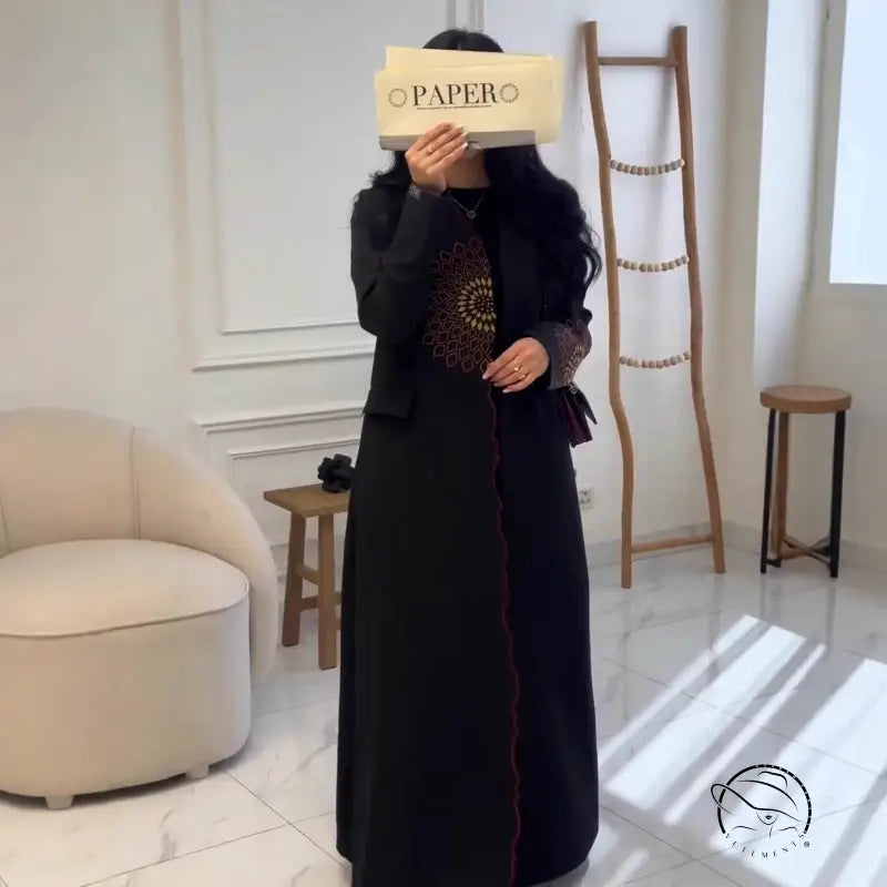 Cozy embroidery loose long trench coat: black abaya with gold embroidery and red trim