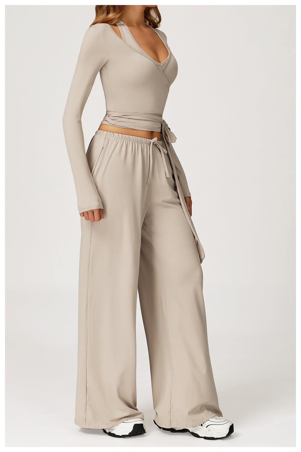 Beige wide-leg Langry fashion yoga pants with drawstring waist