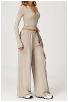 Beige wide-leg Langry fashion yoga pants with drawstring waist