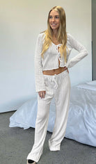 Langry white ribbed knit two-piece loungewear set with drawstring details