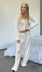 White ribbed knit Langry fashion loungewear set with drawstring details