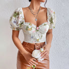 Floral Backless Puff Sleeve Corset featuring Steel Ring Boning for elegant style
