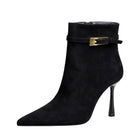Langry black suede ankle boot with gold buckle, fashion high heel