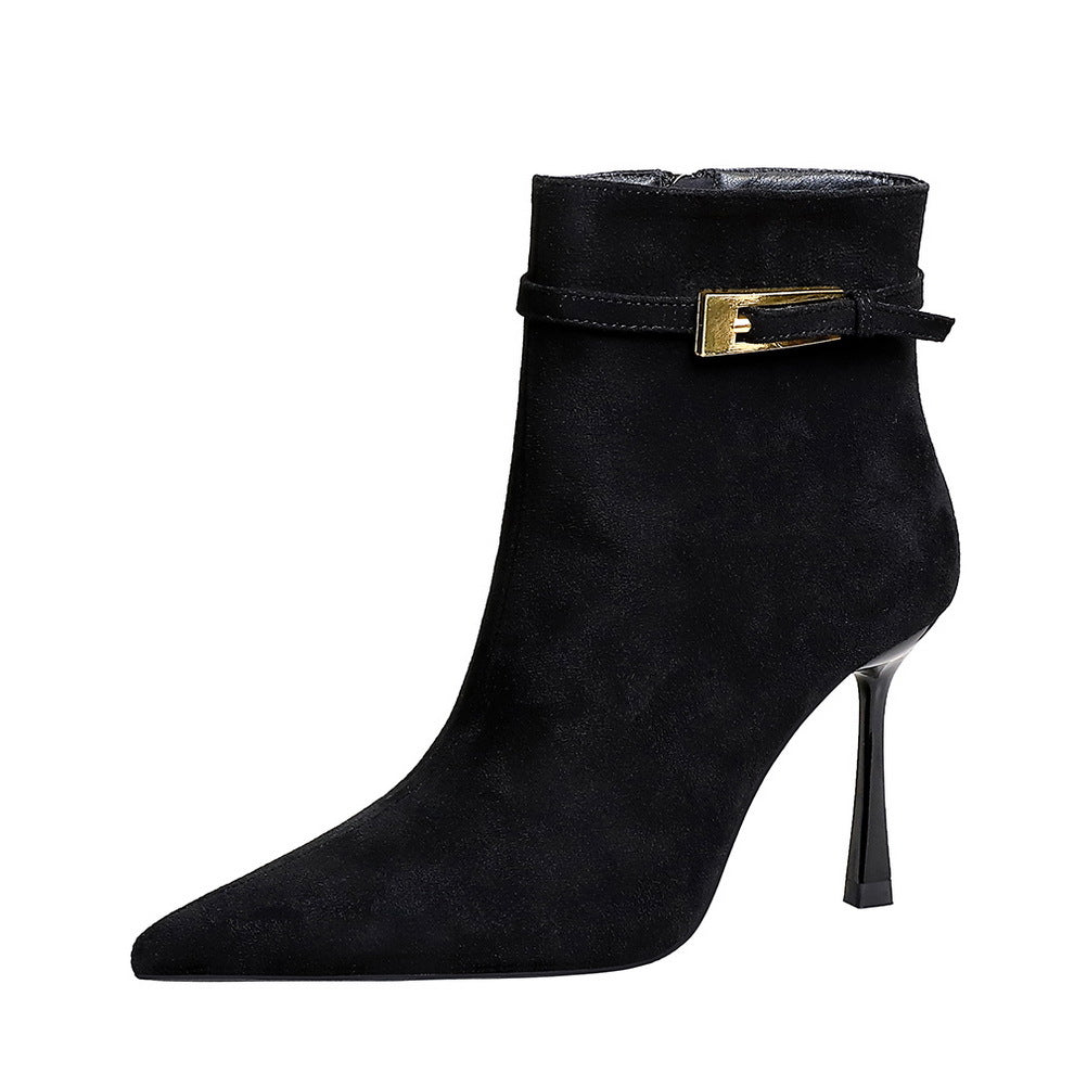 Langry black suede ankle boot with gold buckle, fashion high heel