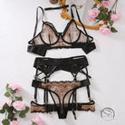 Black lace lingerie set with embroidery, garters, and adjustable straps