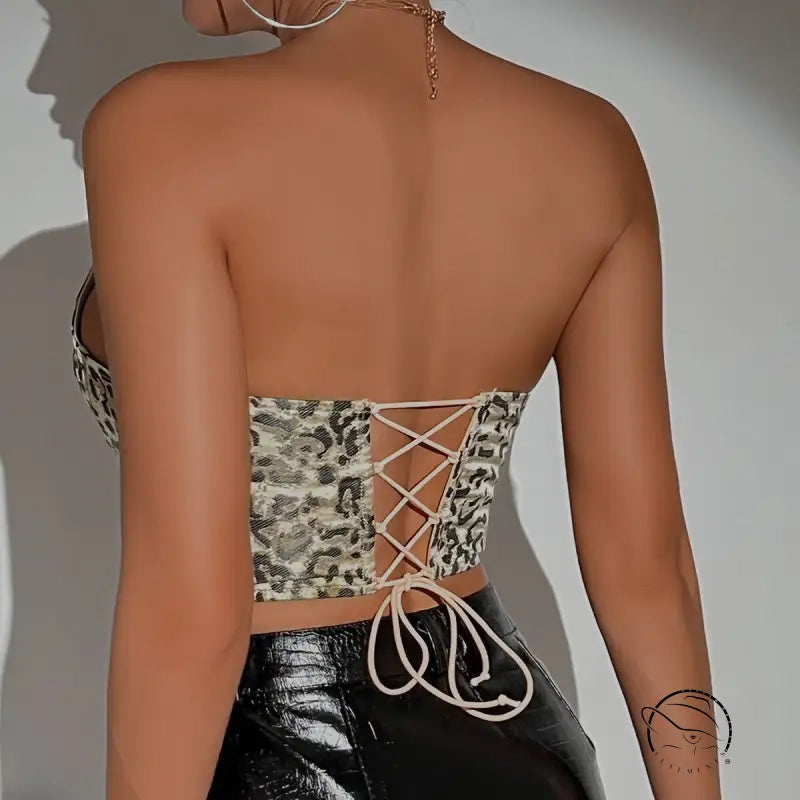 Low cut diamond steel ring boning corset in leopard print with black skirt