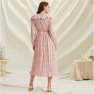 Pastel pink ruffled off-the-shoulder long sleeve fashion dress with lace collar
