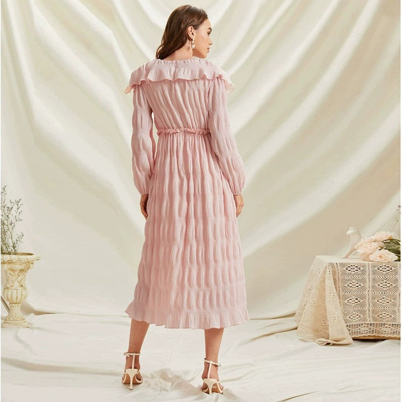 Pastel pink ruffled off-the-shoulder long sleeve fashion dress with lace collar