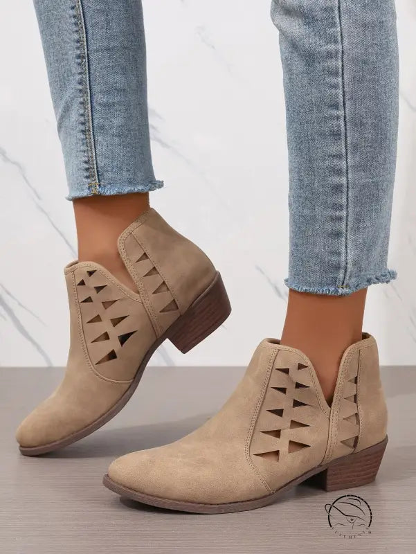 Beige suede daily ankle boots with triangular side cutouts