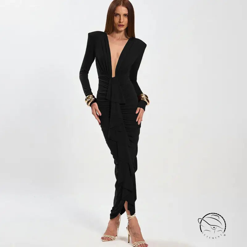 Elegant slim evening langry fashion dress: black ruched maxi with gold accents