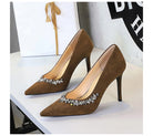 Elegant langry fashion brown suede stiletto heels with rhinestones