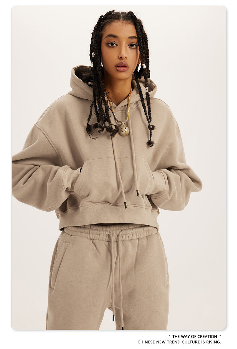Beige Winter Retro Hooded Pullover sweatsuit with drawstring, perfect for langry fashion