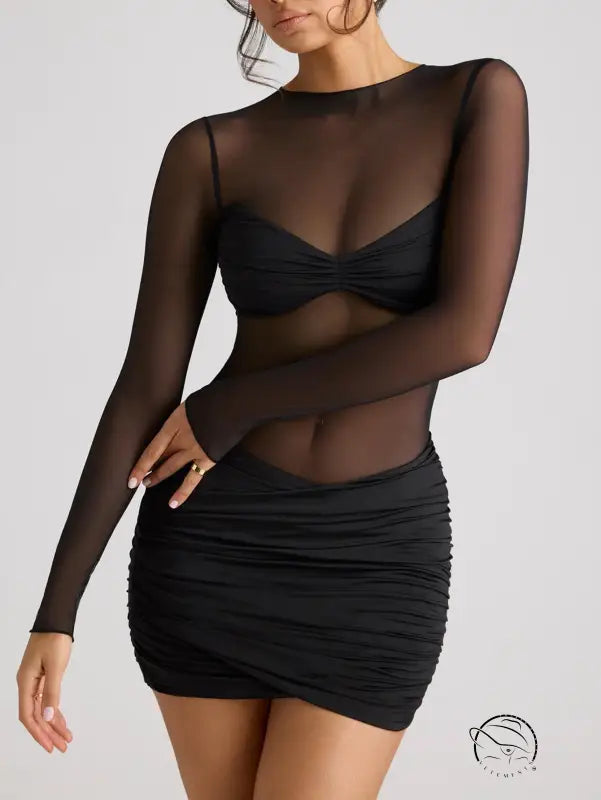 Black long sleeve mesh mini dress in elegant style